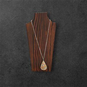 Vtg Hand painted Mother of Pearl & silver toned Chain Necklace Teardrop Pendant